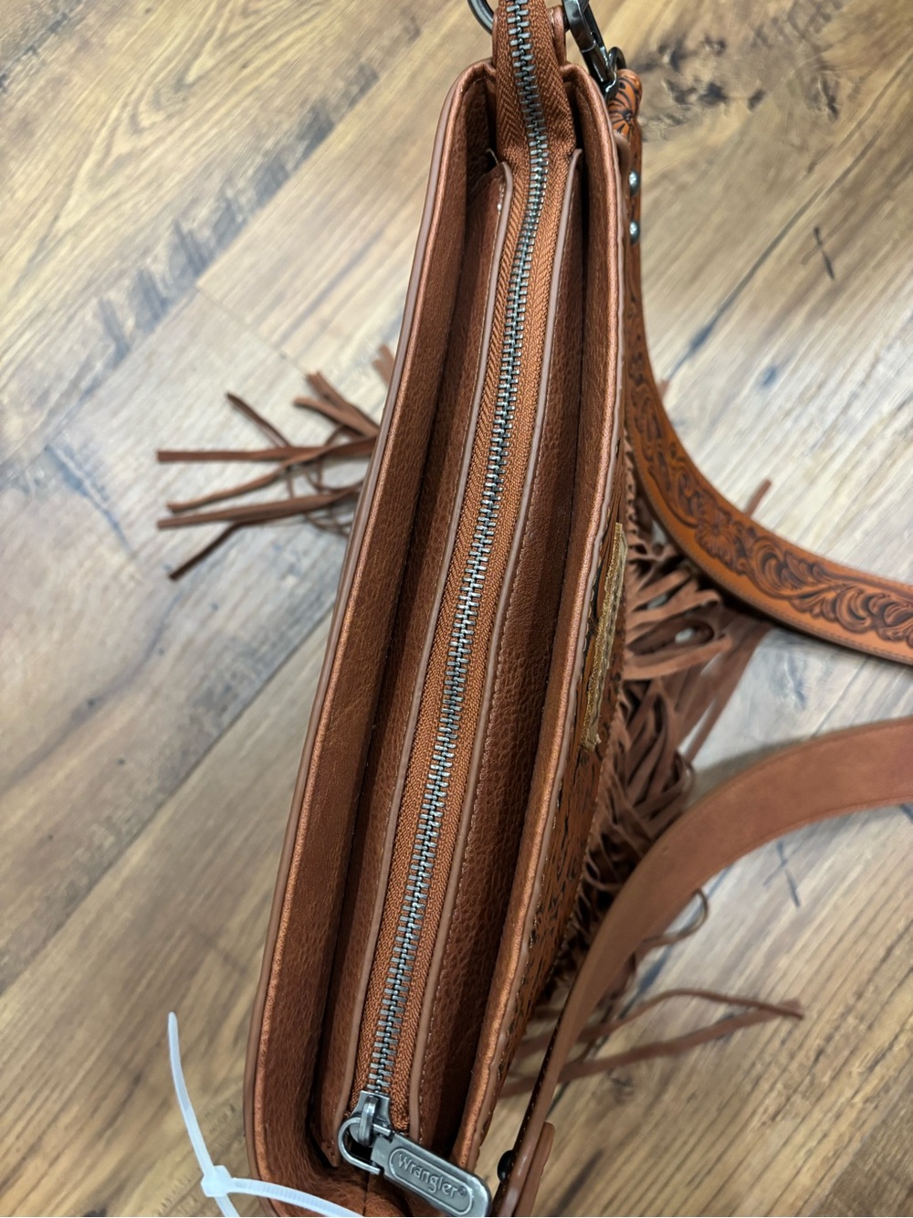 Wrangler Brown Leather Tooled Floral Fringe Crossbody - Picture 13 of 16